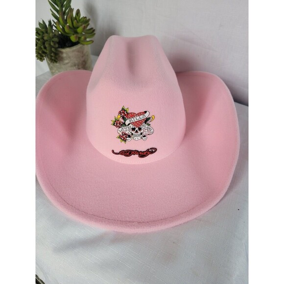 Ed Hardy Women\'s Cowboy Hat Stiff Brim, Soft Feel, Pink, Rhinestones